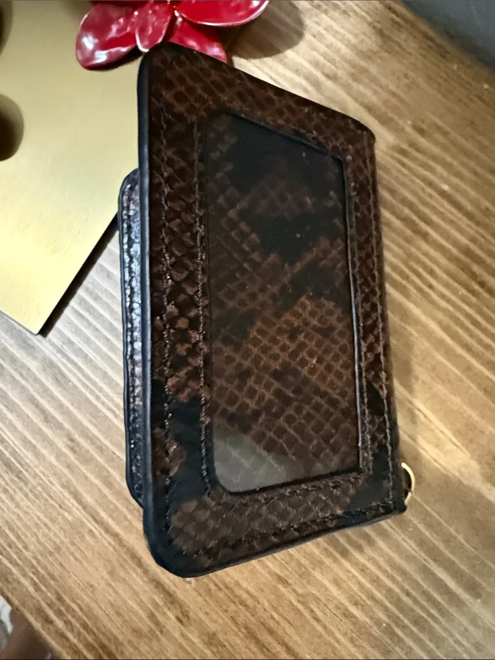 Steve Madden Brown Snake-Print Card Holder with Gold Keychain